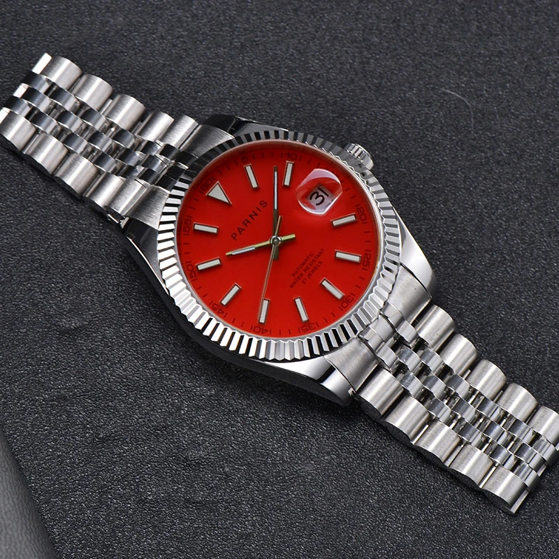 

Fashion Parnis 39.5mm Red Dial Men's Watches Calendar Miyota 8215 Automatic Mechanical Sapphire Men Luxury Watch reloj hombre