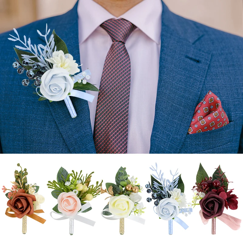 

Wedding Groom Flower Corsage Boutonnieres Artificial Rose Flower Brooch Groom Marriage Accessories Gift Bridal Shower Supplies