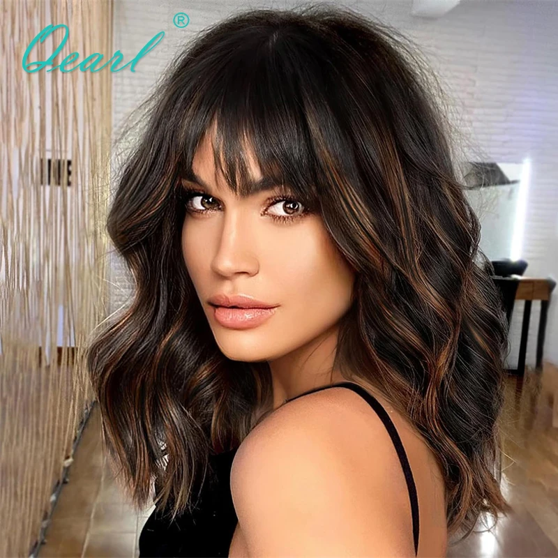 

Real Human Hair Wig with Bangs Small Large Lace Wig Ombre Brown Honey Blonde Short Wavy Wig with Fringe for Women Glueless Qearl