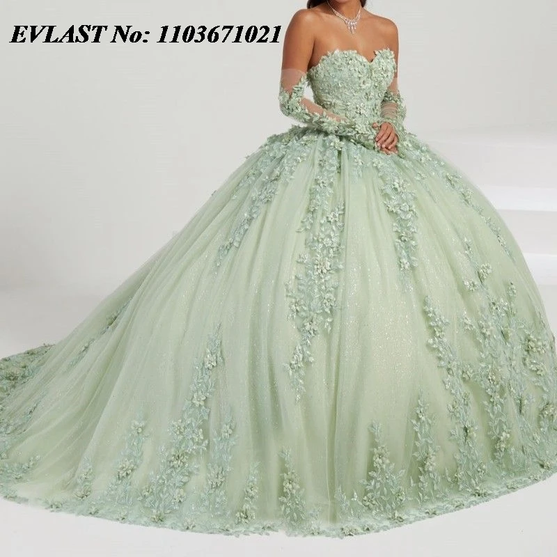 

EVLAST Sage Green Quinceanera Dress Ball Gown Lace Applique Beading With Cape Long Sleeve Sweet 16 Vestidos De XV 15 Anos SQ38