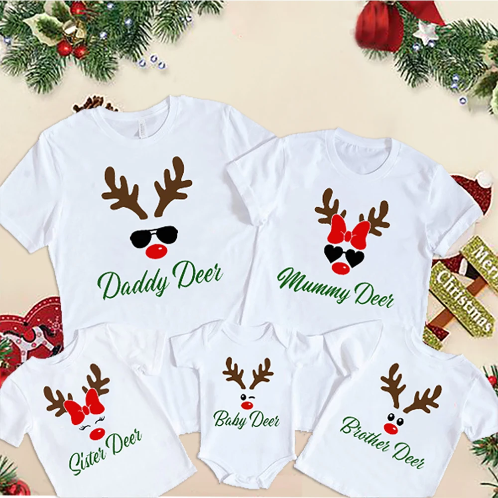 

Christmas Family Matching Outfit T-shirt Xmas Party Clothes Deer Print Daddy Mommy Daughter Son +baby Romper T Shirt Family Look