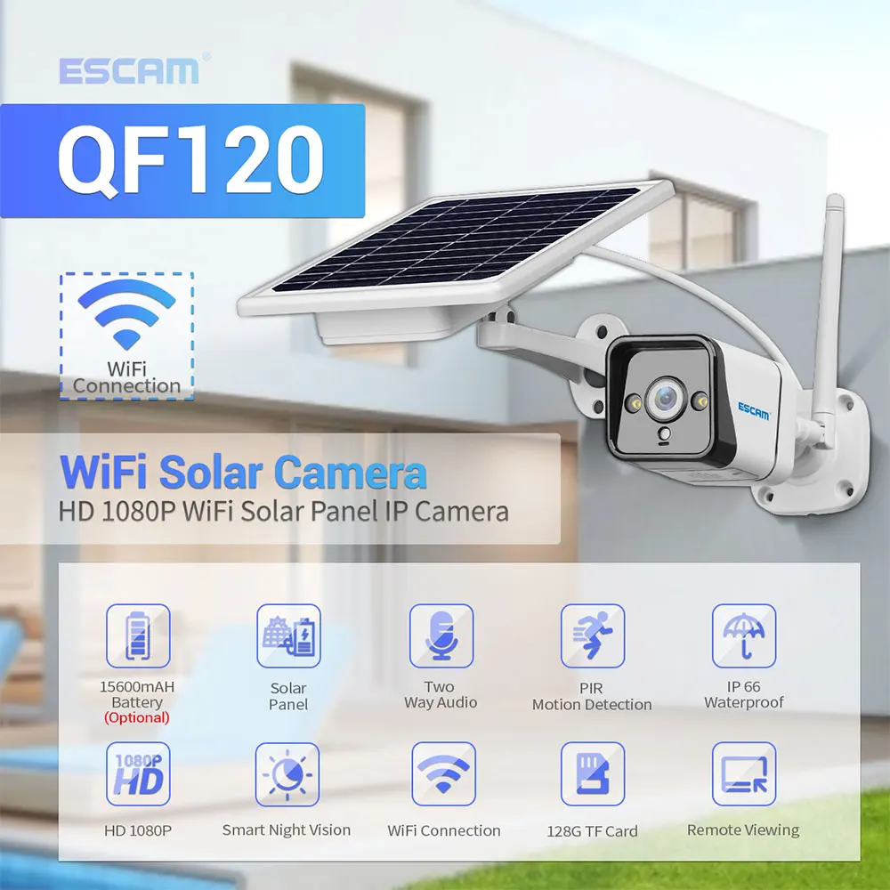 ESCAM QF120 1080P WIFI Battery PIR Alarm IP Camera With Solar Panel Full Color Night Vision Two Way Audio IP66
ESCAM QF120 1080P WIFI Battery PIR Alarm IP Camera With Solar Panel Full Color Night Vision Two Way Audio IP66