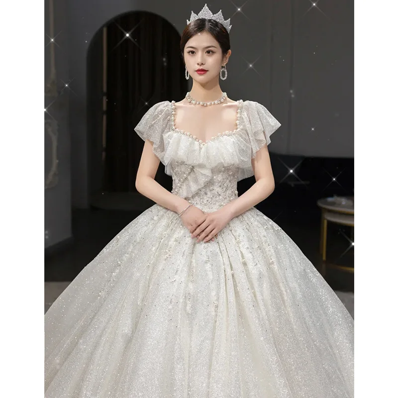 Vintage Court Trailing Wedding Dress Pearl Off Shoulder Square Neck Wedding Dresses Opalescent Bridal Gown
Vintage Court Trailing Wedding Dress Pearl Off Shoulder Square Neck Wedding Dresses Opalescent Bridal Gown