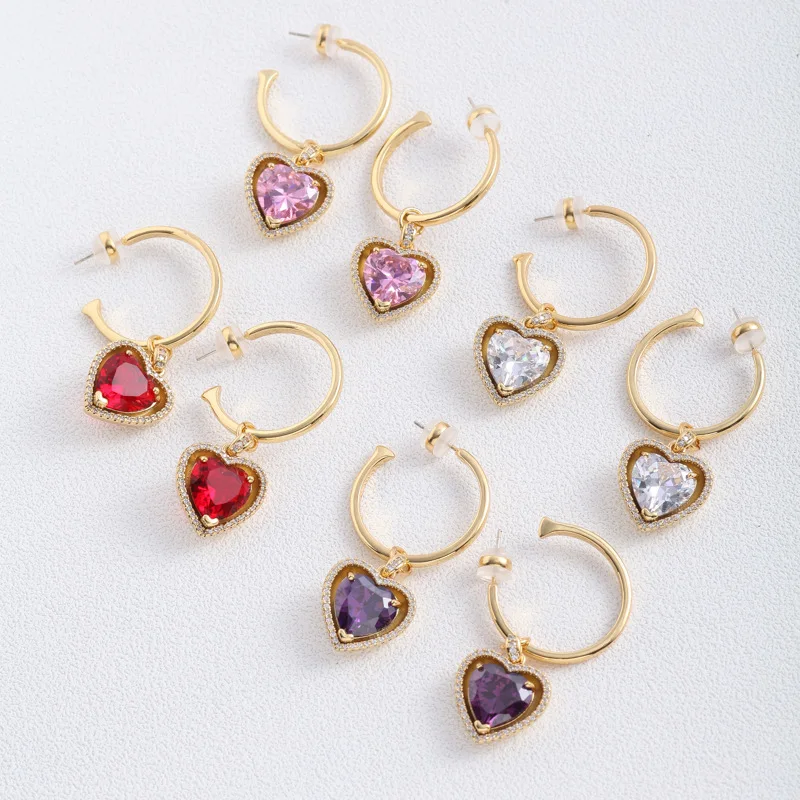 

Europe America personality fashion love peach heart shape inlaid with colorful heart-shaped zircon C-shaped earrings women