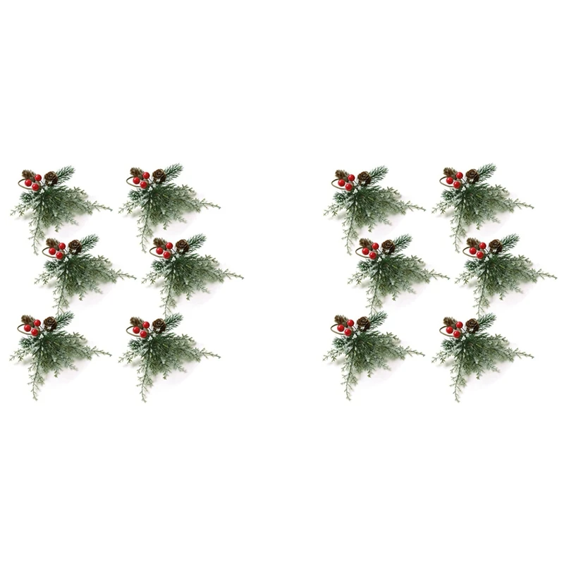 

Набор из 12 колец для салфеток в рождественском стиле, кольца-держатели для салфеток с искусственными конусами сосны, веточками, красными ягодами, Декор