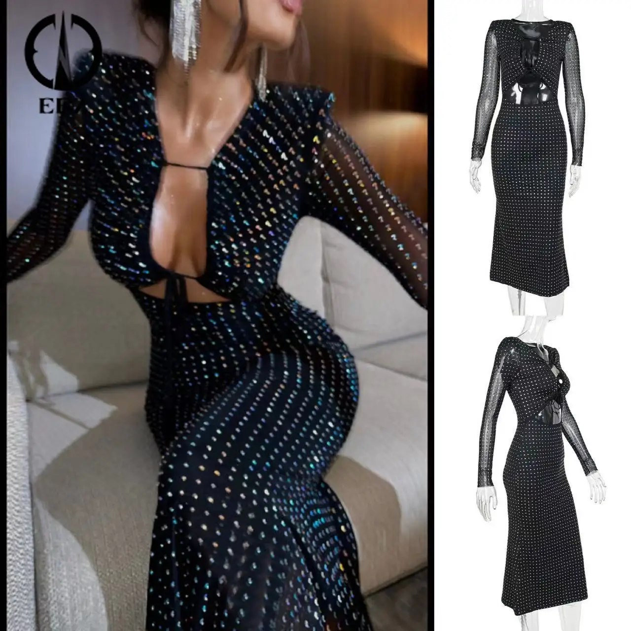 

Women Sexy Sparkle Sequins Black Slim Dresses with See Throught Mesh Long Sleeve Lady Cut Out Lace Up Maxi Dress Evening Robe