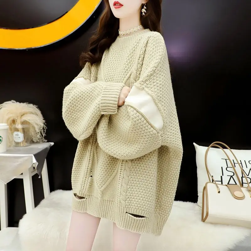 

#4064 Winter Vintage Sweater Women Batwing Sleeve Loose Knitted Long Sweater Female Thick Split Joint Knitwear Sweaters Ladies