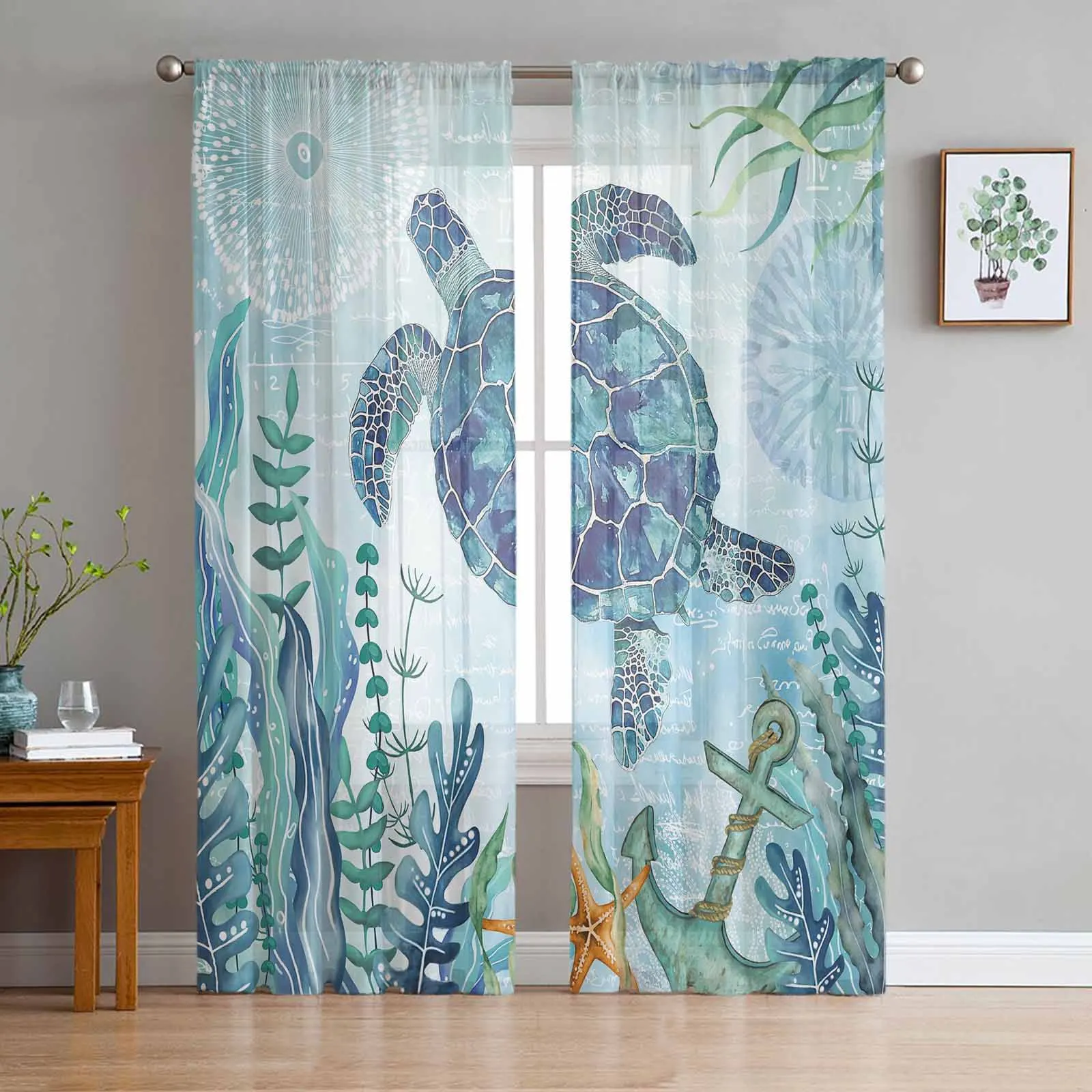 

Summer Vintage Ocean Blue Turtle Starfish Anchor Tulle Sheer Curtain Living Room Bedroom Drapes Kitchen Voile Organza Curtains