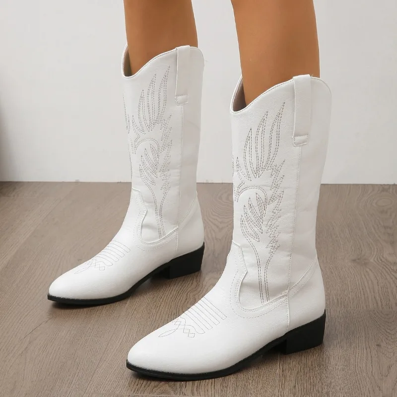 

White Women's Boots 2023 Winter Pointed Toe Ladies Mid Calf Boots Trendy Embossed Embroidered Casual Western Boots Botas Mujer