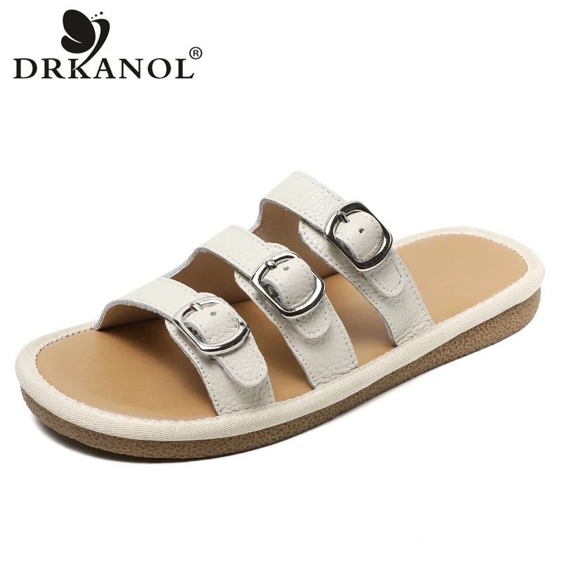 

DRKANOL Fashion Summer Open Toe Slippers Women Outside Slip On Genuine Leather Flat Casual Slippers Lady Concise Comfort Slides