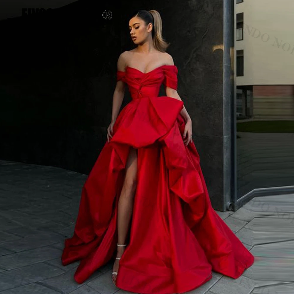 

LINDO NOIVA Solid Off the Shoulder Evening Dresses 2023 Side Slit Vestidos De Fiesta Satin Pleat Floor-Length Formal Prom Dress