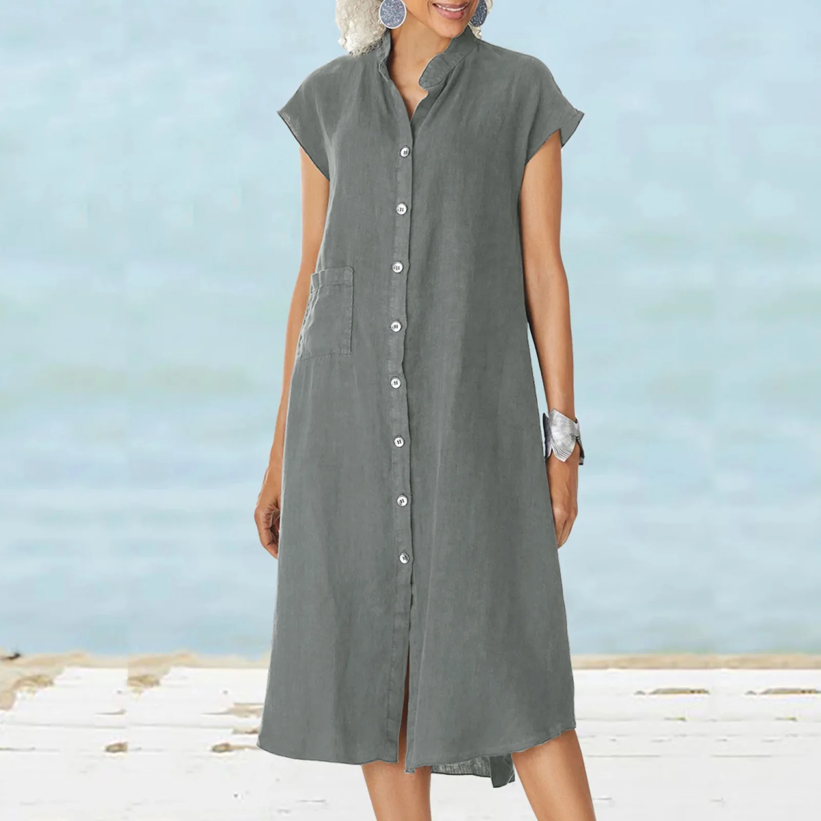 2023 Summer New Fashion Casual Solid Color Cardigan Single-breasted Cotton Linen Pocket Dress Female
2023 Summer New Fashion Casual Solid Color Cardigan Single-breasted Cotton Linen Pocket Dress Female