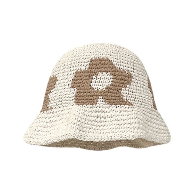 

Sweet Girl Crochet Bucket Hat Cute Ladies Fisherman Cap with Flower Pattern Woman Teenagers Casual Summer Sunproof Hat 57BD