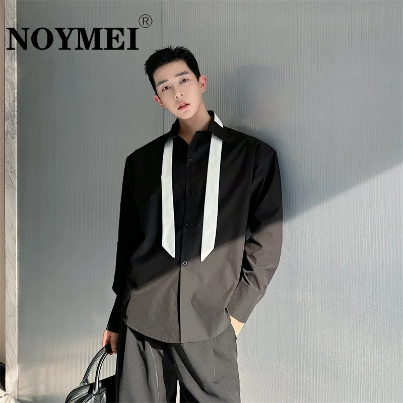 

NOYMEI Top Spring New 2024 Fashionable Patchwork Niche Design Tie Decoration Contrast Color Men's Shirt Long Sleeve WA4065