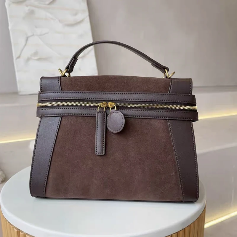 

Faux Suede Bags For Women Luxury Designer Handbags Purses 2024 New In Vintage PU Spliced ​​Zipper Top Handle Shoulder Messenger