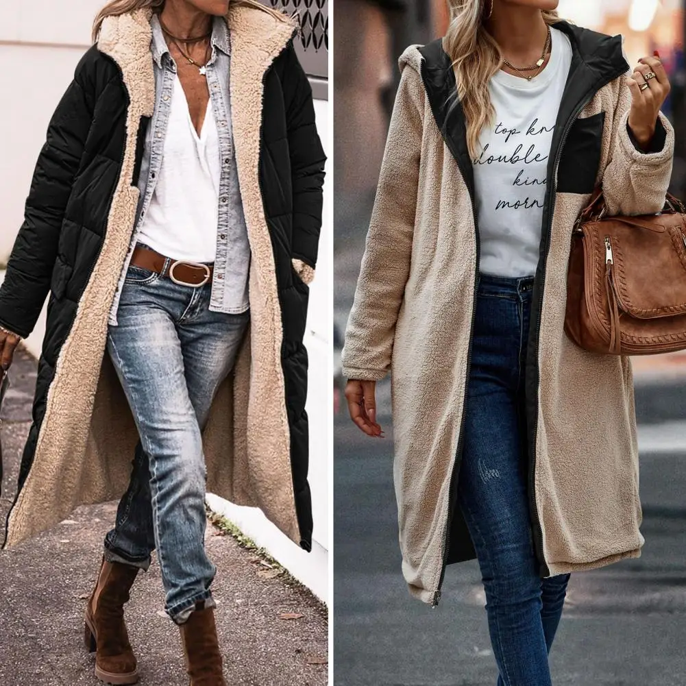 

Women Winter Splicing Long Coat Hooded Long Sleeve Fleece Lining Outwear Zipper Placket Pockets Double Sided Wear Down Jacket