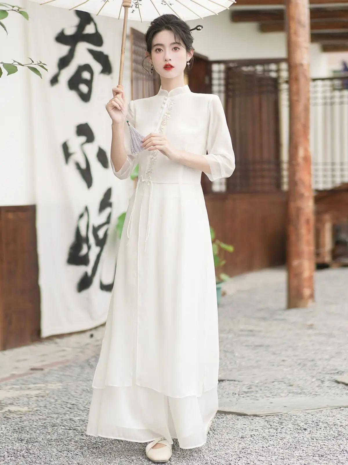 

Traditional Chinese Improved Cheongsam Three Dimensional Flower Bud Embroidery Qipao Cosplay Dress New Chinese Women Daily Wear