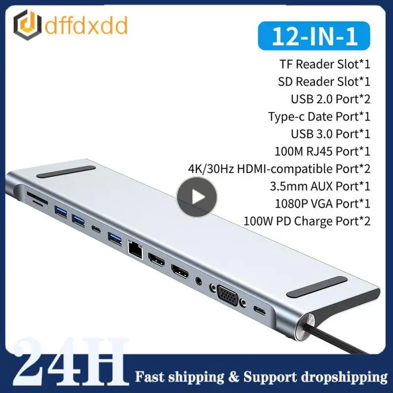 

12-In-1 USB Type-C Hub To Dual - Rj45 Multi USB 3.0 Power Adapter Docking Station For Laptop Support Pd Transmission