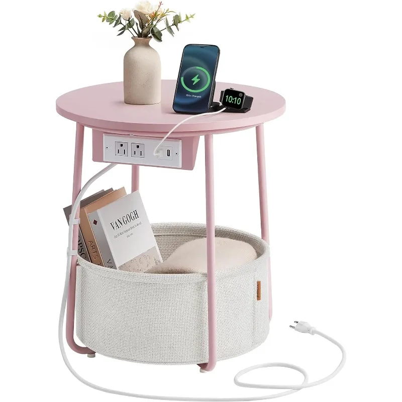 

Charging Station Side Table Living Room Bedroom Modern Round End Desk with Fabric Basket Nightstand with Power Outlets USB Ports