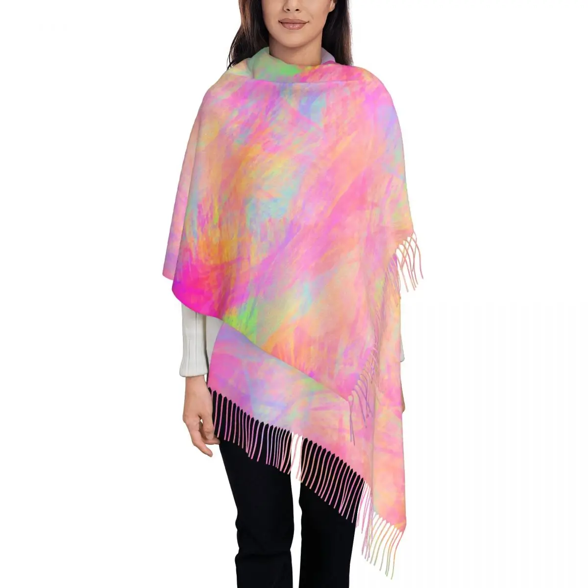 

Многоцветный неоновый шарф с бахромой, теплые мягкие шали с принтом, женские дизайнерские головные шарфы, Осенние забавные шали y2k Bufanda