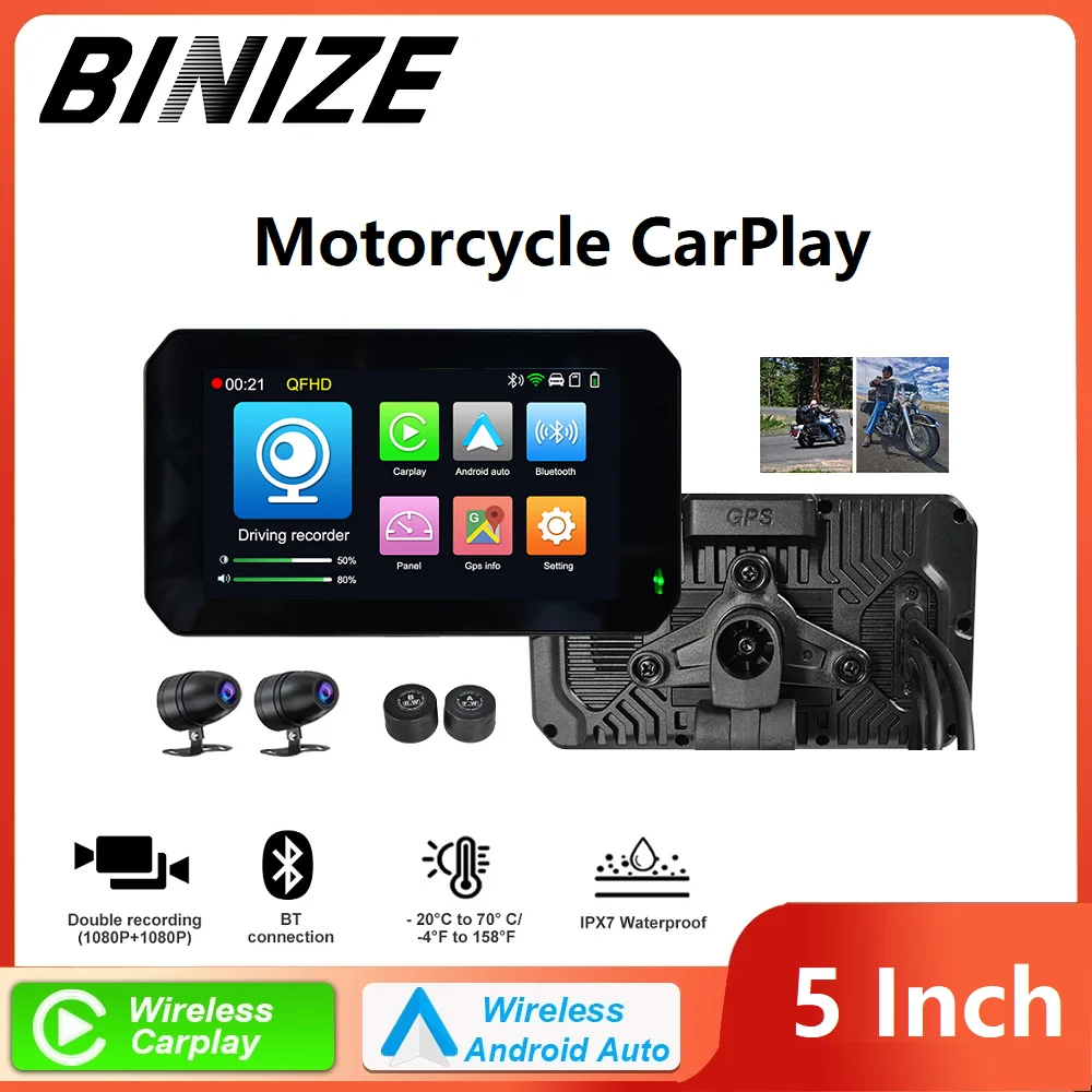 

Binize 5 Inch Motorcycle CarPlay Waterproof Monitor Wireless Carplay Android Auto Touch Screen Dash Cam with G-Sensor