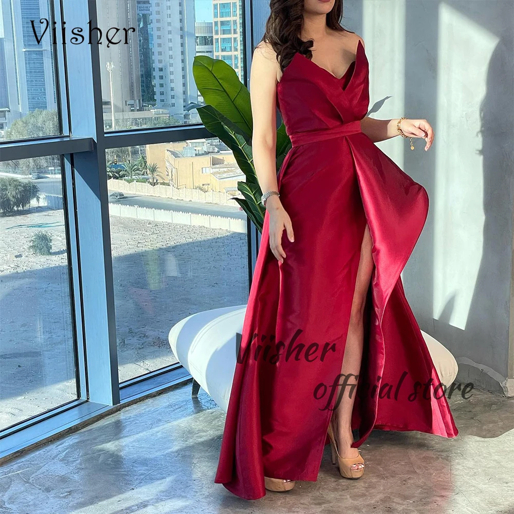 

Viisher Burgundy Satin Mermaid Prom Dresses with Slit Strapless Arabian Dubai Formal Evening Dress Floor Length Event Gown