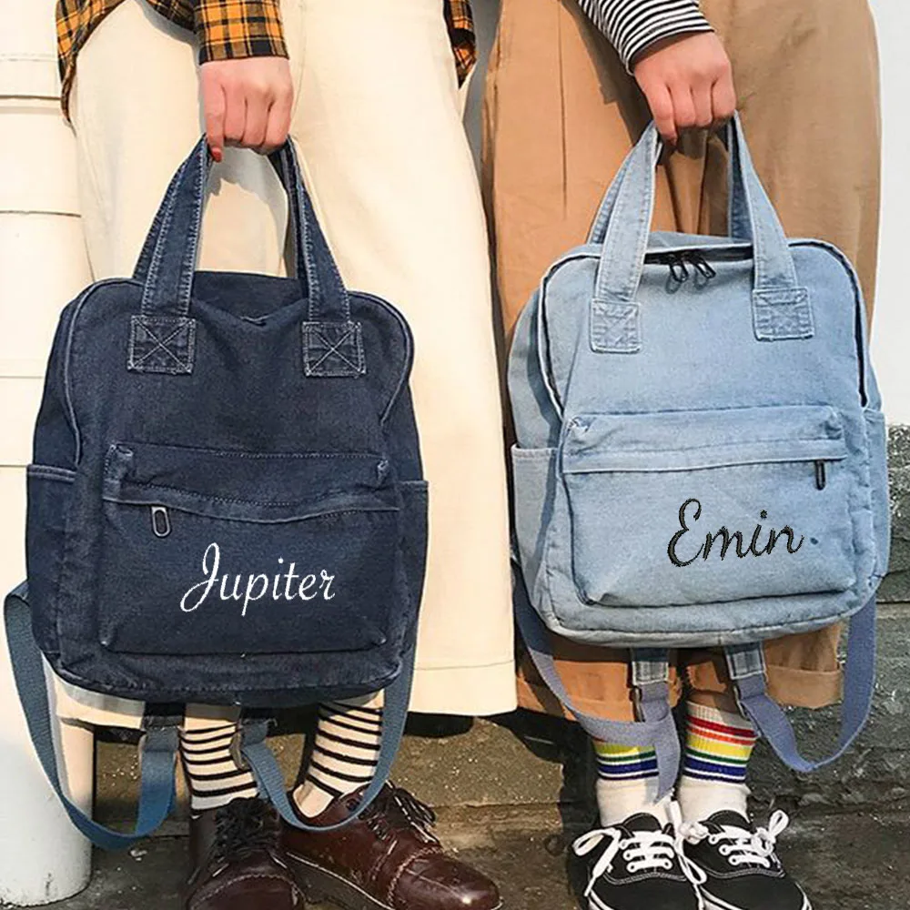 

New High School Student Backpack Simple Denim Canvas Backpack with Embroidered Name Girl's Large Capacity Schoolbags Custom Gift