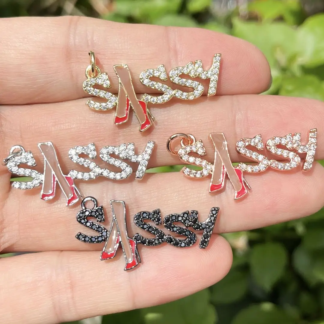 

5Pcs Cubic Zirconia Pave Sassy Word Charms Gold Plated Letter Pendant For Woman Bracelet Necklace Bangle Jewelry Making