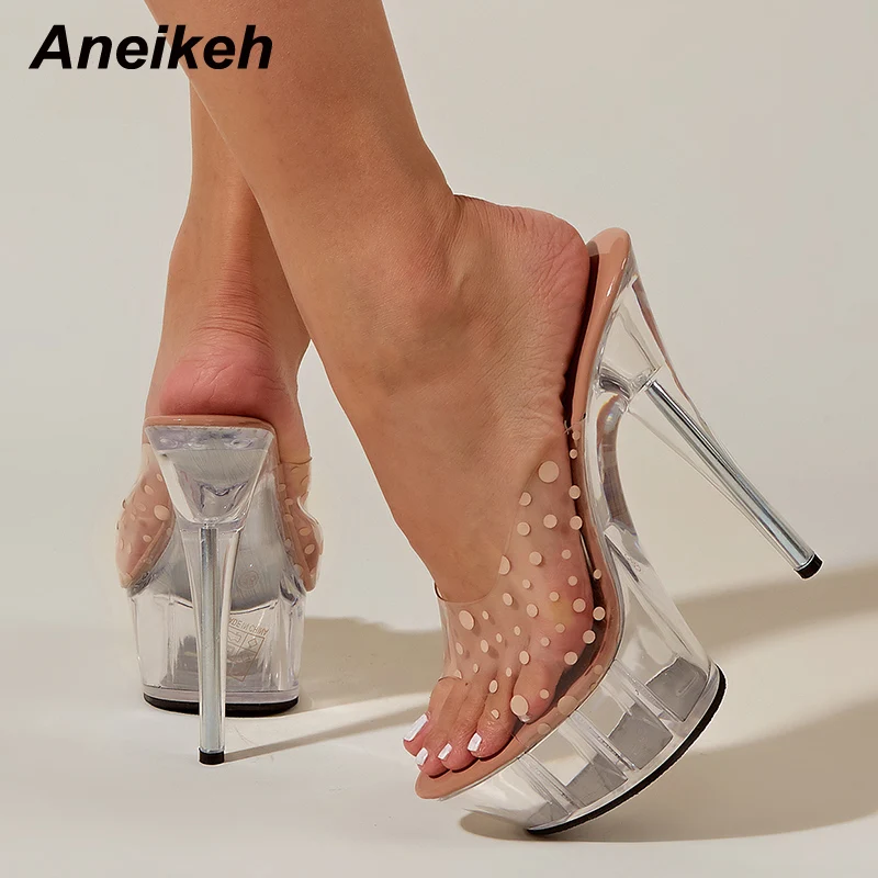 

Aneikeh 2022 Platform PVC Transparent Slippers Slides Summer Fashion Dot Decoration Women Shoes Nightclub High Heels Party Pumps