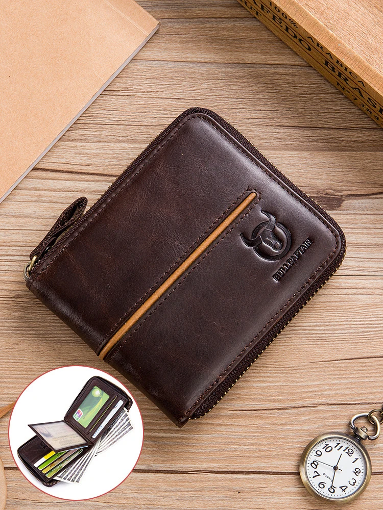 

Retro RFID Zipper With Compartment Men's Wallet Credit Card Holder Anti-theft Genuine Leather Mini Men's Wallet Purse Male