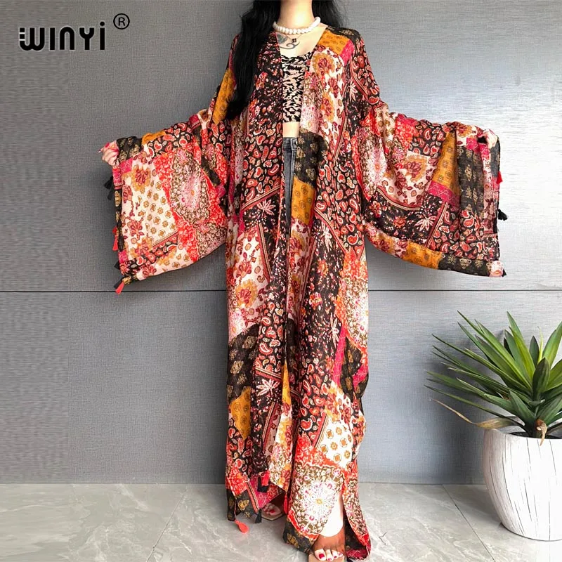 

WINYI Kimono Summer Bohemia print party Beach Wear Swim Suit Cover up Africa women Cardigan colorful sexy Holiday kaftan dress