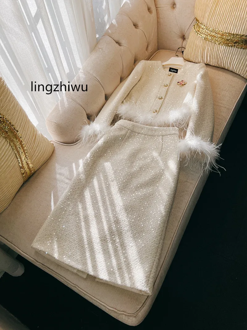 

lingzhiwu Skirt Set French Luxury Feathers Patchwork Sequins Tweed Top Skirts Suit Formal Clothes White Twinset New Arrive