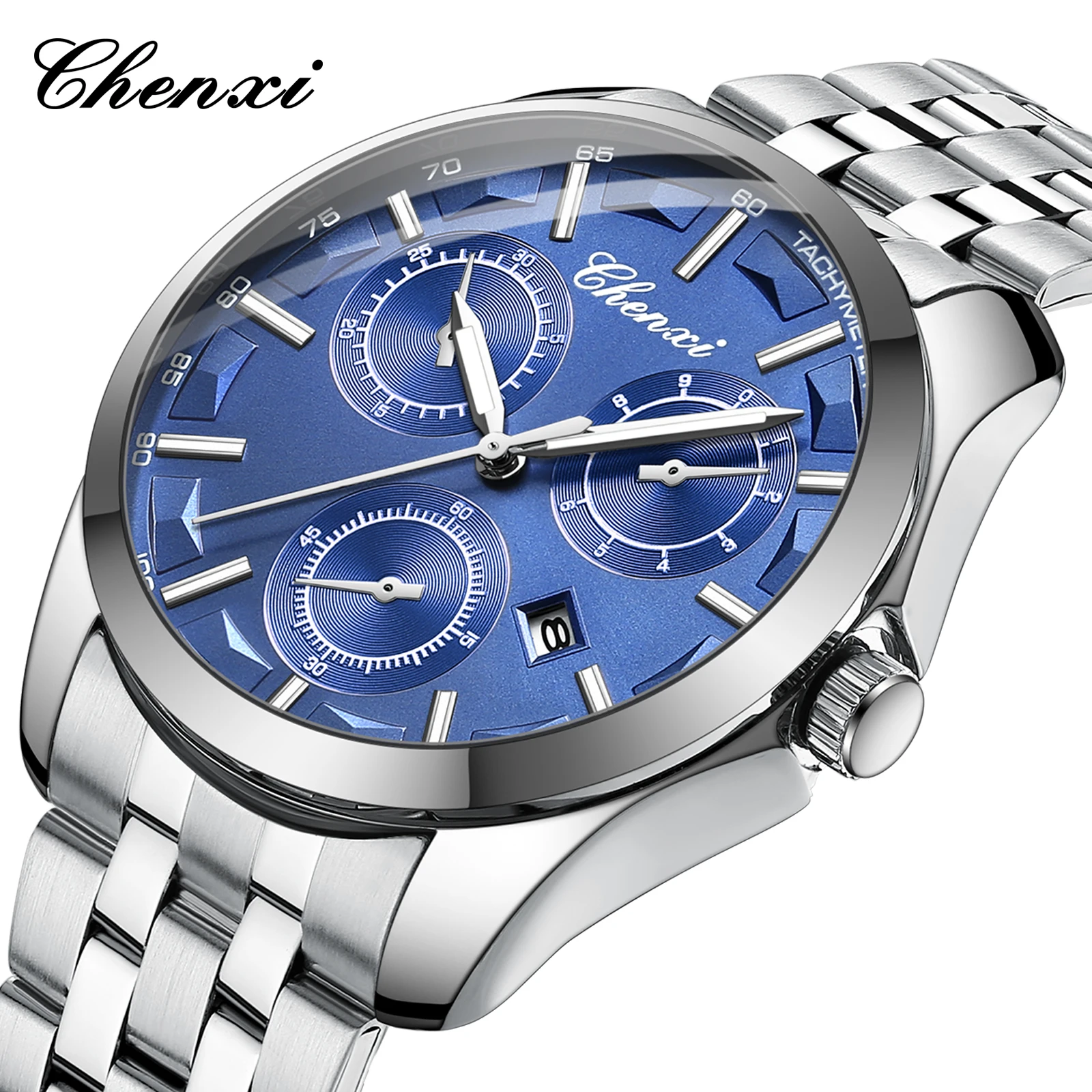 

CHENXI Men Watch Luxury Business Silver Stainless Stain Sport Waterproof Date Quartz Men Wristwatches Luminous Hands Male Clock