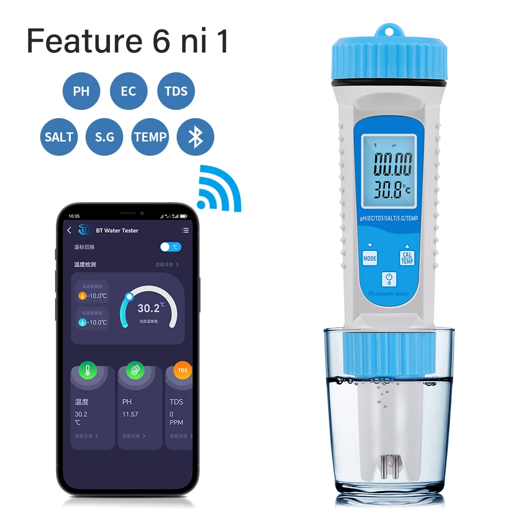 

6 in 1 Digital Bluetooth PH EC TDS SALT SG Temp Meter Water Quality Tester Pen Type Aquarium Pool Multifunction Water Tester