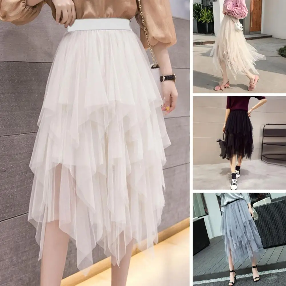 

Юбка-миди с асимметричным сеточным подолом, элегантная женская Тюлевая юбка с высокой талией и асимметричным сетчатым подолом, многоярусная длинная юбка из сетчатой пряжи