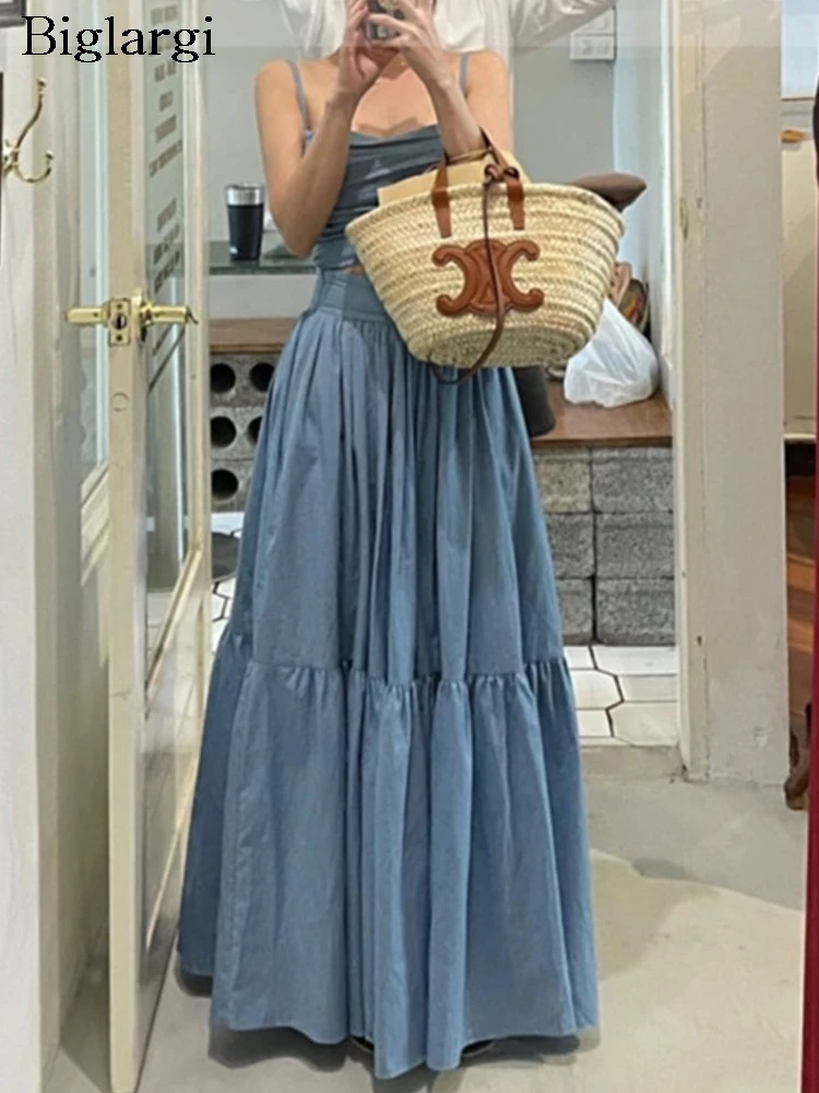 

Женский летний комплект из 2 предметов, облегающий пикантный Модный укороченный топ с открытой спиной и высокой талией, Корейская свободная плиссированная Женская длинная юбка с оборками