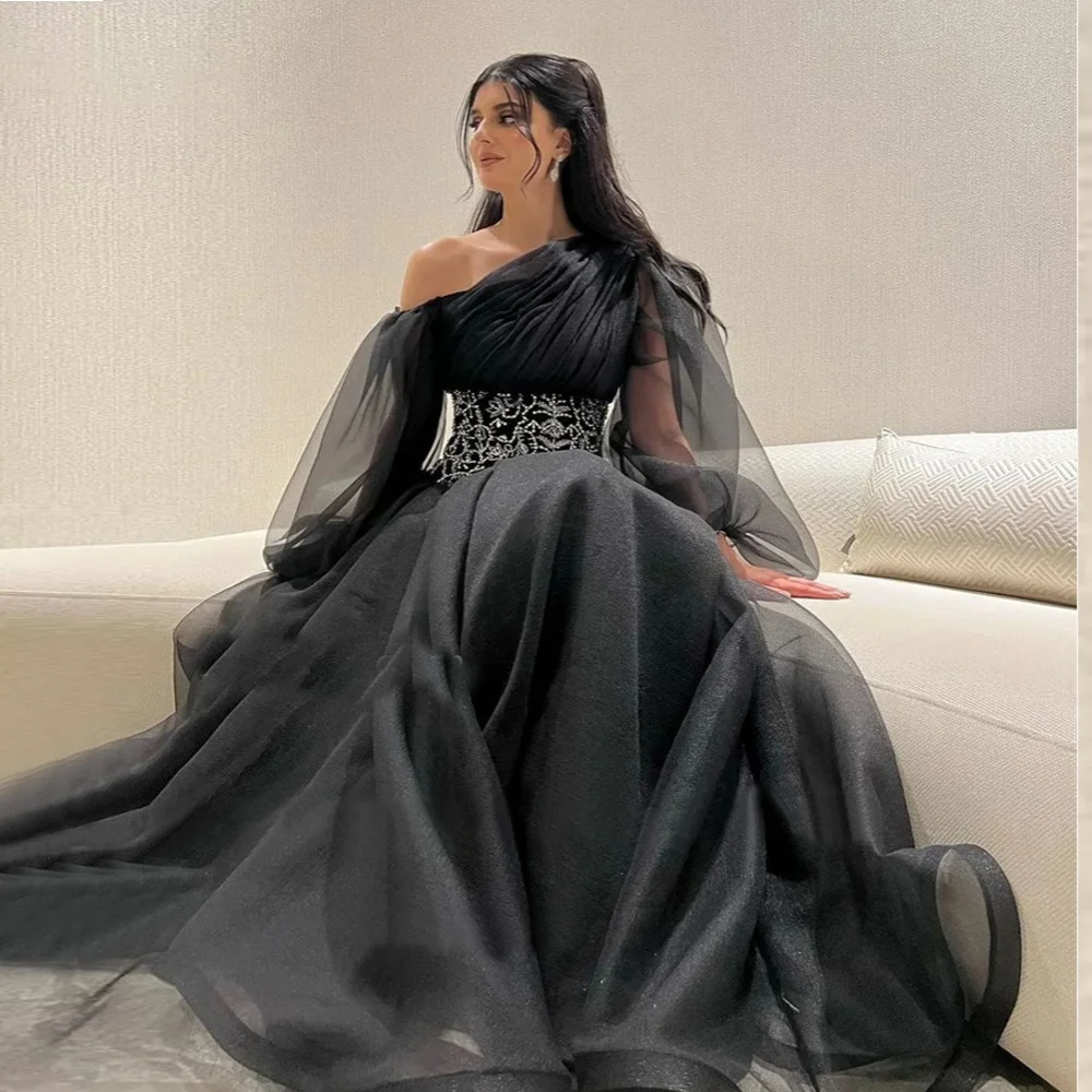 

Prom Dress Saudi Arabia Evening Jersey Sequined Beading Ruched Graduation A-line One-shoulder Bespoke Occasion Gown Long Dresses