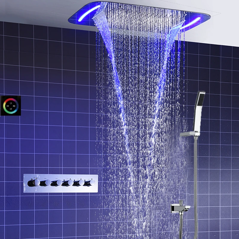 

Concealed Rain Shower Set Thermostatic High Flow Multifunction LED Shower Faucets Mist Spray Waterfall Massage Bathroom Fixtures