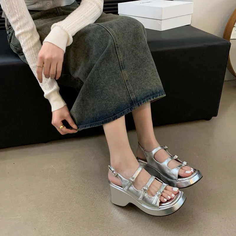 

Ladies Wedge Sandals White Chunky Heeled Sandals Summer Belt Buckle Platform High Heels Silver Shoes 2024 Black Sandalias Mujer