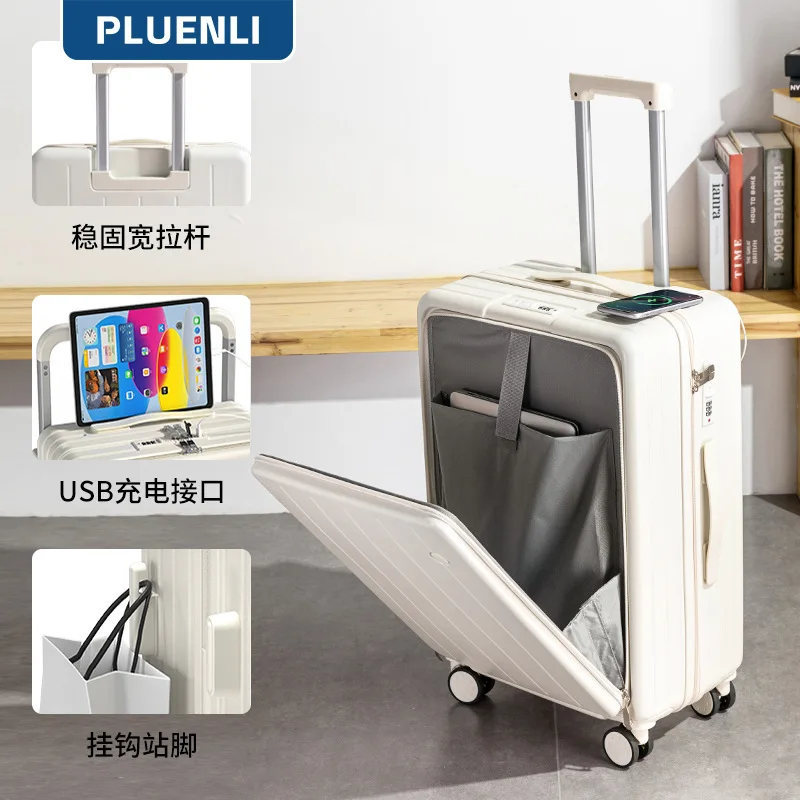 

PLUENLI Luggage Case Men Large Capacity Cup Holder Universal Wheel Trolley Case Sturdy USB Charging Port Women Travel Suitcase