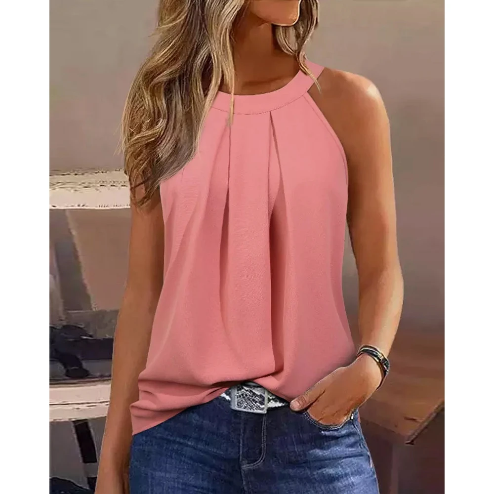 

Fashion Woman Ruched O-Neck Sleeveless Casual Cami Tank Top Summer Women Sexy Solid Pink Steetwear Tee Top Daily Vacation