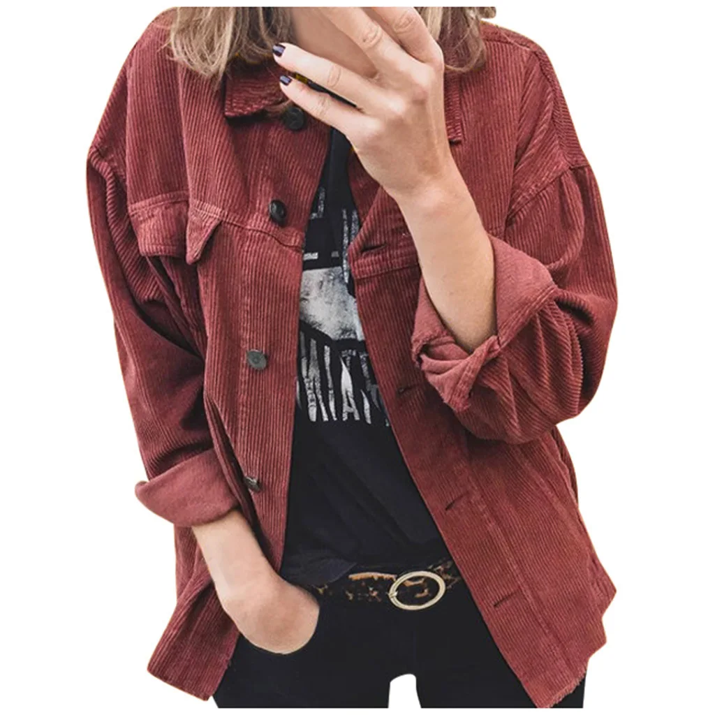 

Long-sleeved Buttons Corduroy Shirt Women Vintage Blouse Spring Autumn Lapel Loose Casual Jacket Office Ladies Red Black Yellow