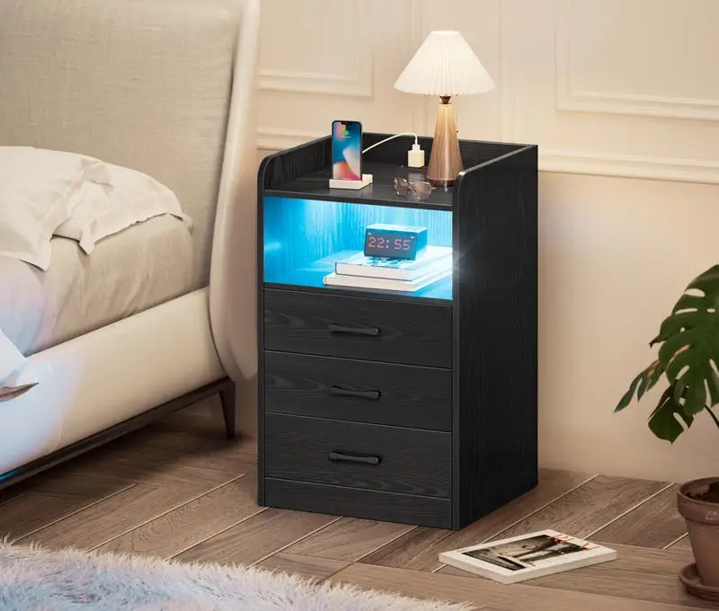 

Nightstand with Charging Station and LED Light Strips, Night Stand with Drawers, End Table with USB Ports and Outlets, Bedside T