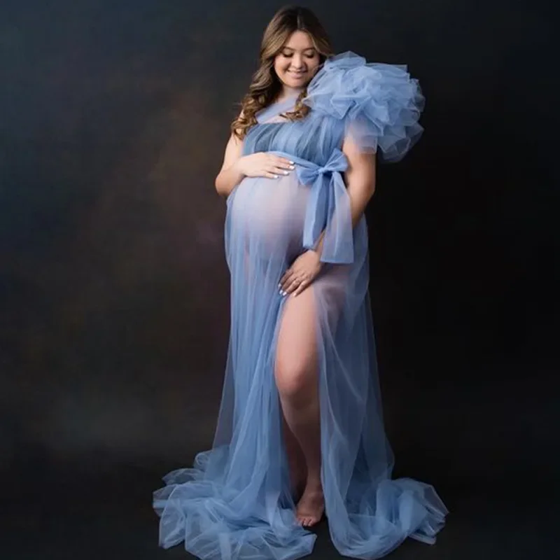 

One Shoulder Maternity Dresses Photoshoot Tulle Sexy Pregnant Women Photography Dress High Split Long See Thru Mesh Ruffles Gown