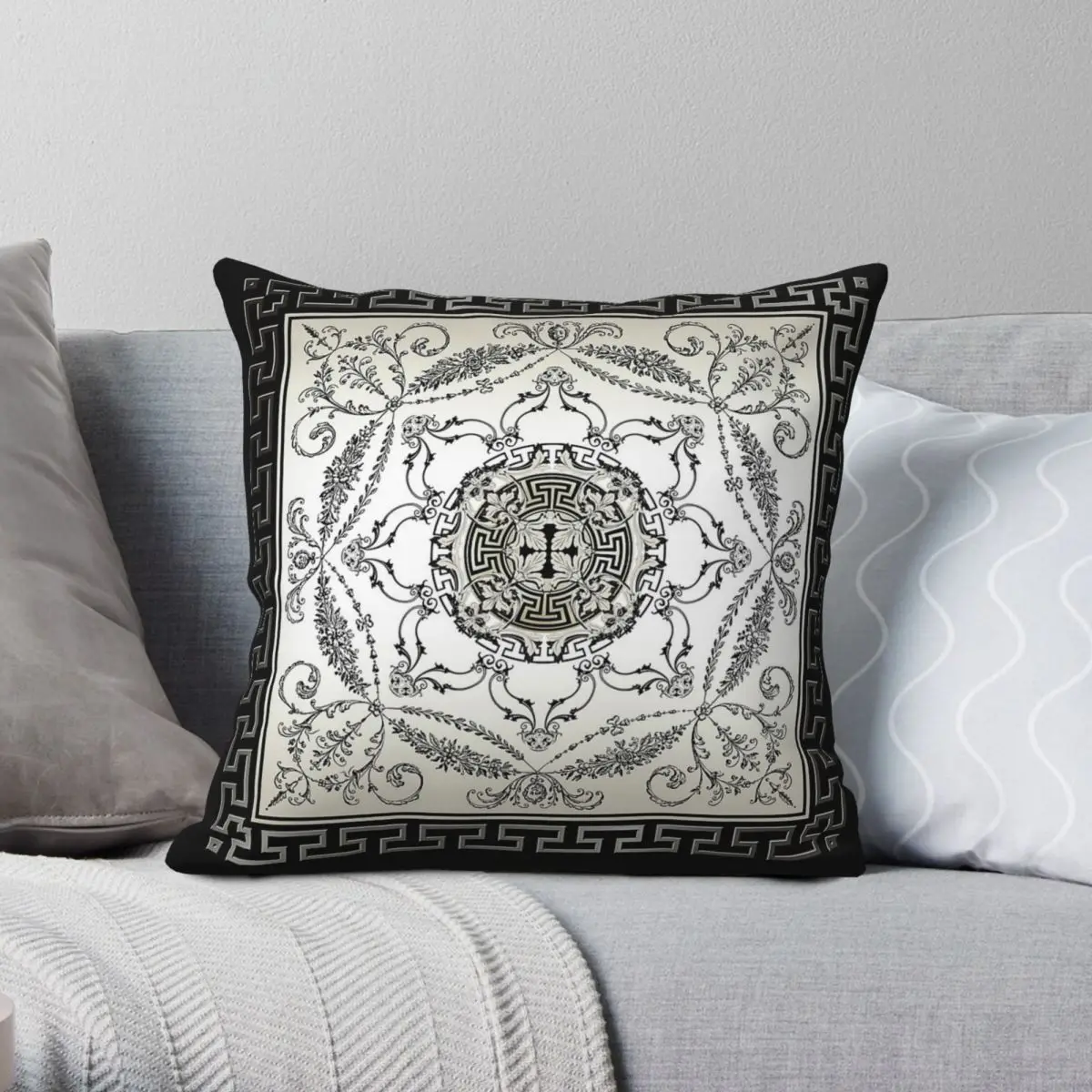 

Baroque Filigree Cream Black Square Pillowcase Polyester Linen Velvet Printed Zip Decor Throw Pillow Case Home Cushion Cover