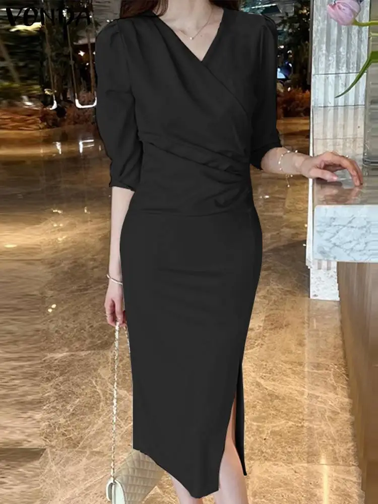 

Женское сексуальное элегантное платье-миди VONDA с V-образным вырезом, летний плиссированный сарафан с рукавом 3/4, модное повседневное однотонное платье в офисном стиле с разрезом, 2023