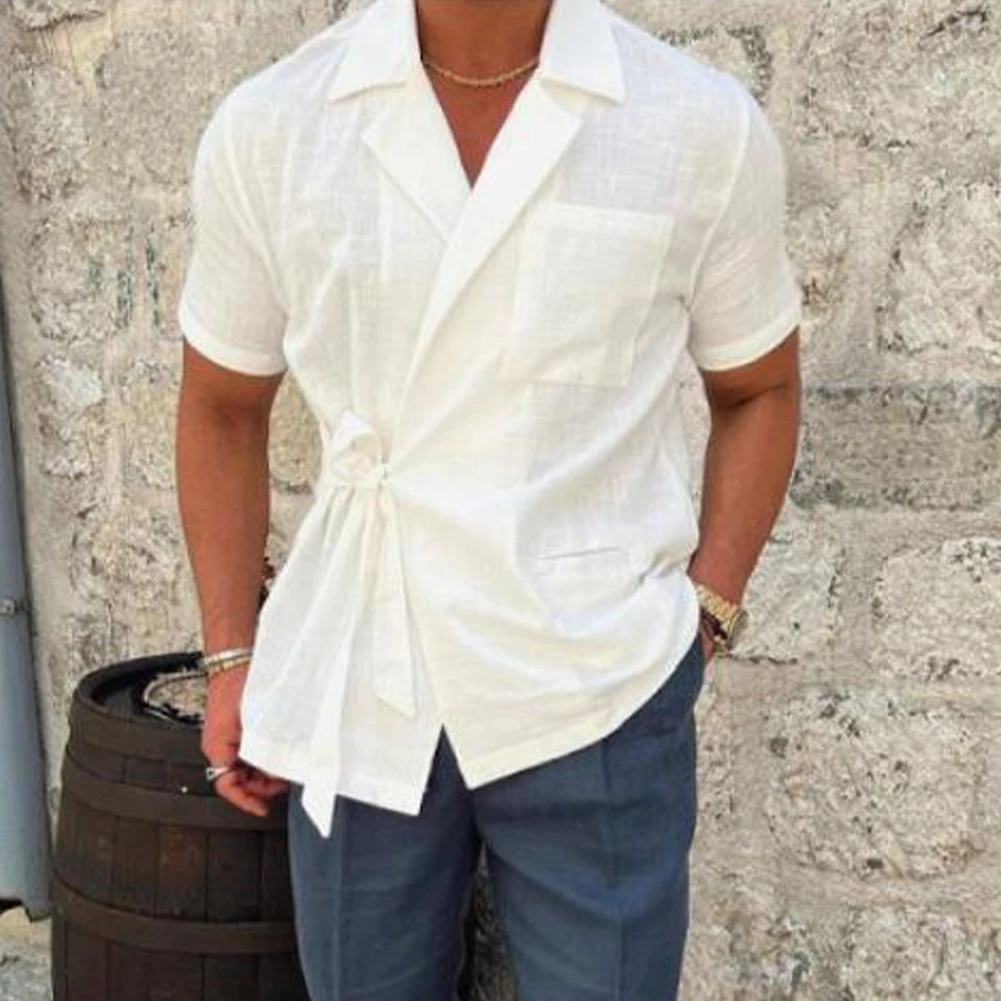 

Summer Mens Casual Collared Dress Shirt Short Sleeve Blouse Lace-up Shirts Suit Tops Regular Party Shirts Men Clothing