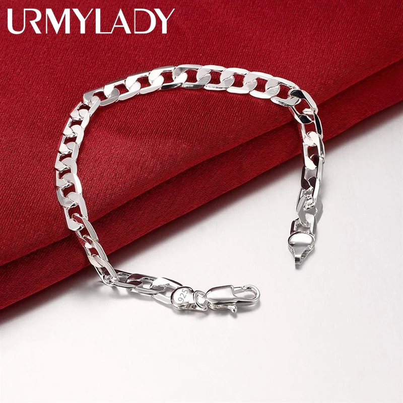 

Hot stamped 925 Sterling silver Bracelets 6MM Flat sideways chain for women Wedding party fine Christmas Gifts fashion Jewelry