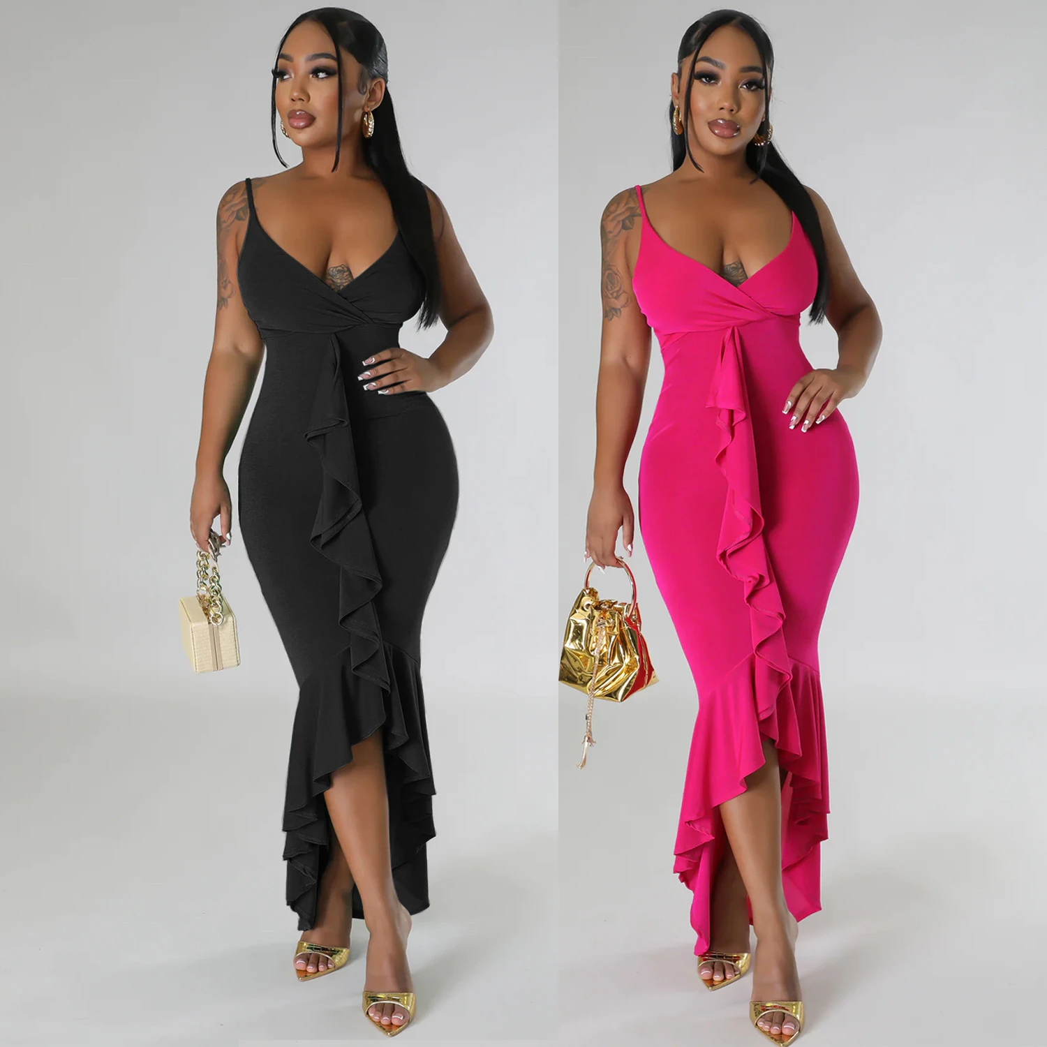 2023 New European and American Women's Wear Summer Nightclub Party Sexy V-Neck Strap Ruffle Irregular Dress Mid length Slim Fit
2023 New European and American Women's Wear Summer Nightclub Party Sexy V-Neck Strap Ruffle Irregular Dress Mid length Slim Fit
