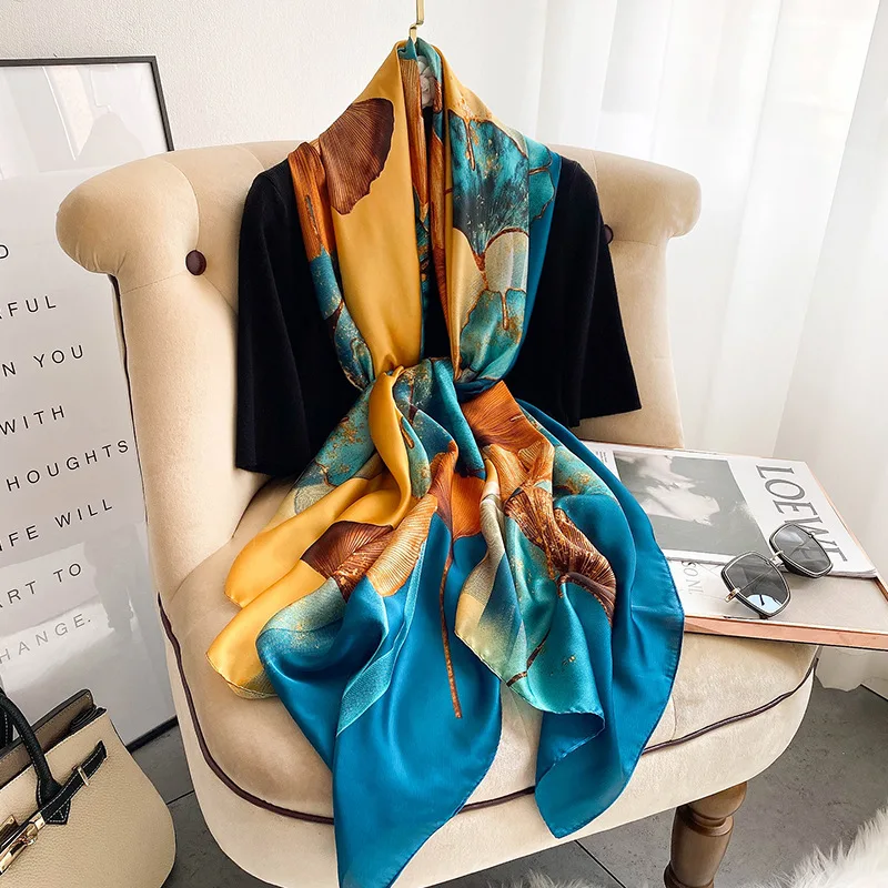 

180X90CM Bandannas Fashion Print Satin Long Silk Scarves Europe And America Popular Flower Shawls 2023 Four seasons Beach Towel